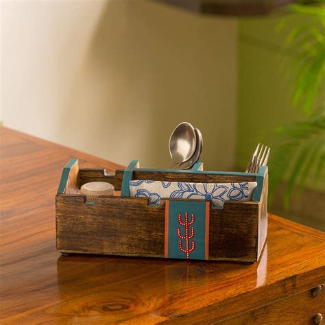 Buy ExclusiveLane Wood Hand-Painted Cutlery Holder, Standard, Dark ...
