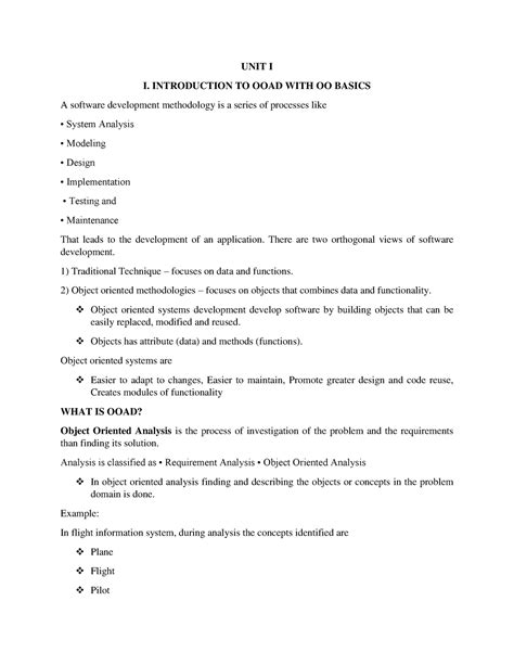 UNIT I notes - Easy - UNIT I I. INTRODUCTION TO OOAD WITH OO BASICS A ...