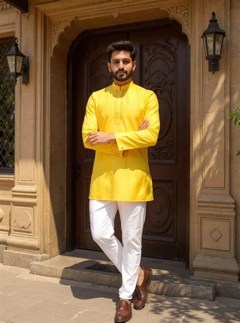 Lemon Raw Silk Plain Men's Full Sleeve Short Kurta – South India ...
