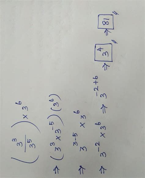 Express (3^3 ÷ 3^5) x 3^6 as a rational number with negative exponent ...