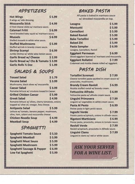 Carta de pizzería Veronas, Decatur