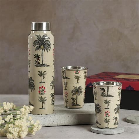 Buy INDIA CIRCUS Chevron Palms 3Pcs Stainless Steel Bottle and Tumbler ...