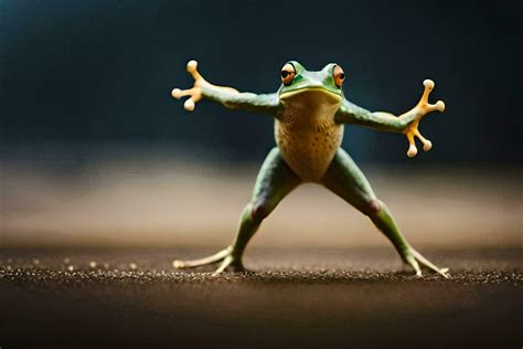 a frog is standing on its hind legs with its arms outstretched. AI ...