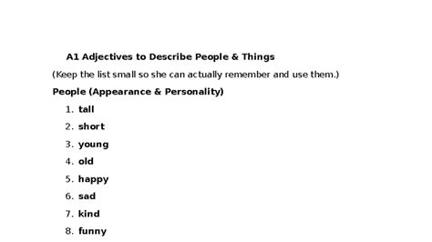 A1 Vocabulary: Essential Adjectives for Describing People & Things ...