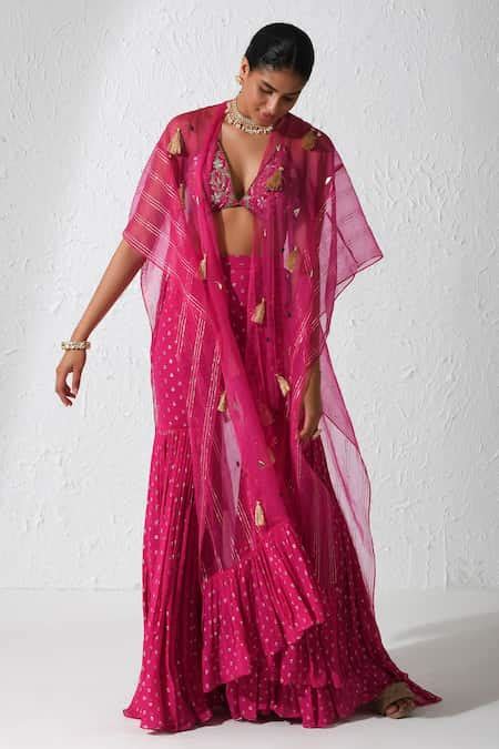 Buy Pink Georgette, Silk Tassels, Stones, Frosting Detail Cape And ...