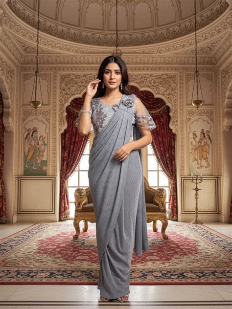 Light Grey Crushed Ready-to-Wear Saree with Embroidered Sleeve Blouse ...