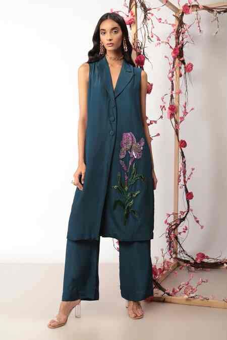 Buy Blue Viscose Crepe Embroidery Floral Notched Lapel Serena Blazer ...