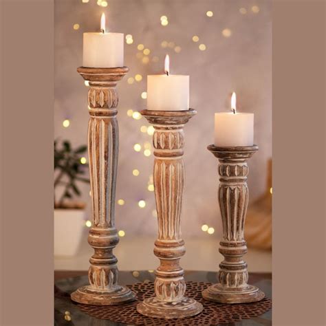 Kezevel Wooden Candle Stand - Artistic 15" H White and Brown Mango Wood ...