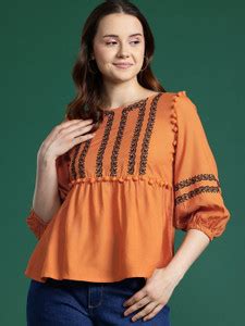 Dressberry Casual Embroidered Women Orange Top - Buy Dressberry Casual ...