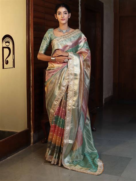 Banarasee Handwoven Tissue Saree With Stripe Pattern Zari Border & Lac