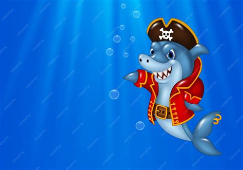 Pirata de tubarão dos desenhos animados nadando no oceano | Vetor Premium