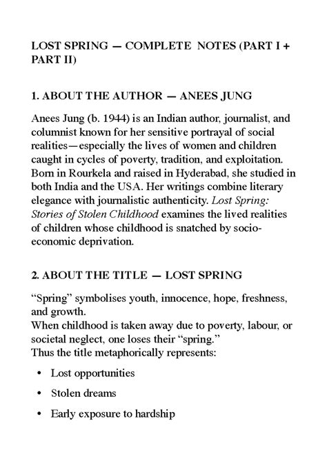 LOST SPRING: COMPLETE NOTES (PART I & II) - ANALYSIS & THEMES - Studocu