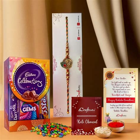 eCraftIndia Golden Peacock Feather Designer Rakhi for Brother with ...