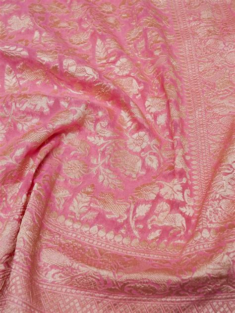Handwoven Baby Pink Banarasi Khaddi Georgette Saree – Sumangal Banaras