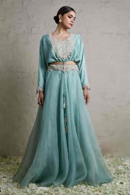 Buy Blue Silk, Organza Pearls, Floral Waistband Embroidered Skirt And ...