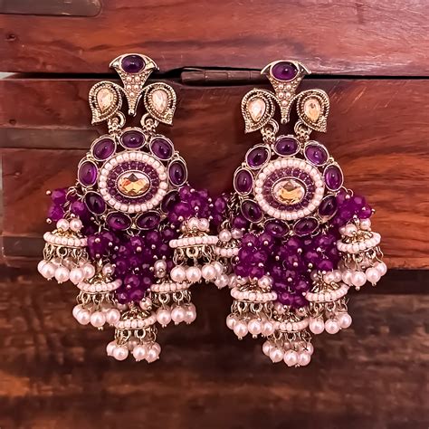 Heer Pearl Jhumka Chandbali Earrings - Purple – The Shopping Tree
