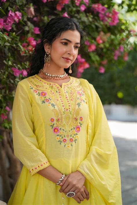 Yellow Cotton Mulmul Multi-Embroidered Anarkali Set – SCAKHI