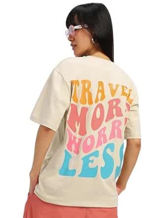 Buy JUNEBERRY® Round Neck Drop Shoulder Beige Back Graphic Printed Pure ...