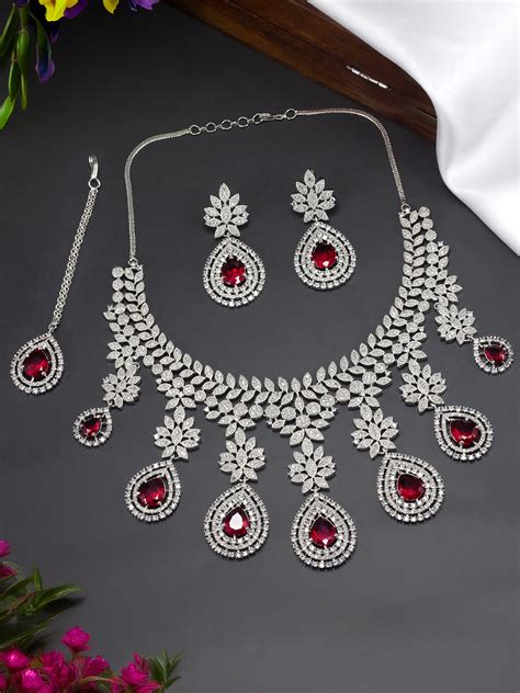 Rhodium Plated Red American Diamond Teardrop Jewellery Set – PRIVIU