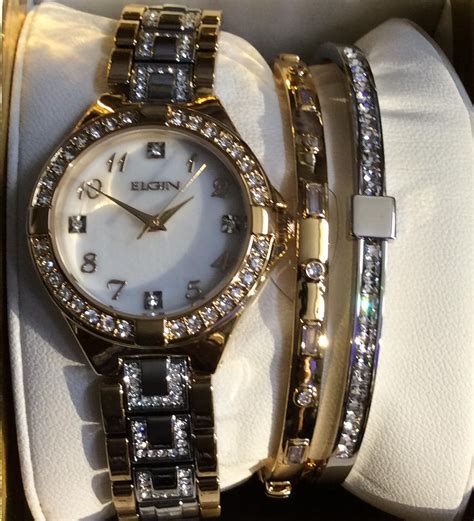 ELGIN Women's Two-tone Crystal Watch Round Pearl Dial Gold Numbered ...