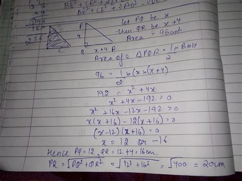 In triangle PQR angle Q is 90 degree and QR is 4cm more than PQ if area ...