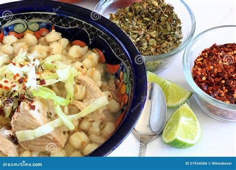 Pozole Mexican Pork and Hominy Corn Soup Stock Photo - Image of chile ...