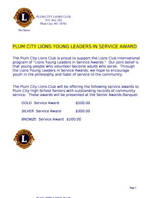 PLUM CITY LIONS YOUNG LEADERS IN SERVICE AWARD Doc Template | pdfFiller
