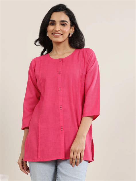 Buy Pink Solid Cotton Blend Straight Short Kurti Online at Rs.699 | Libas