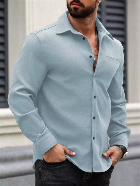 Men Spring And Summer Solid Color Loose Casual Long-Sleeved Shirt Sky ...