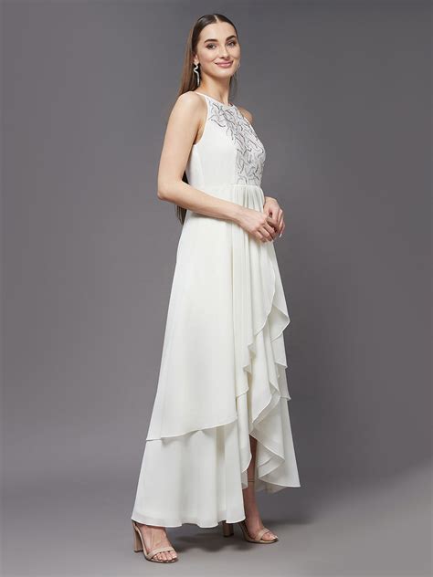 Women's Off White Round Neck Sleeveless Solid Embellished Maxi Dress ...