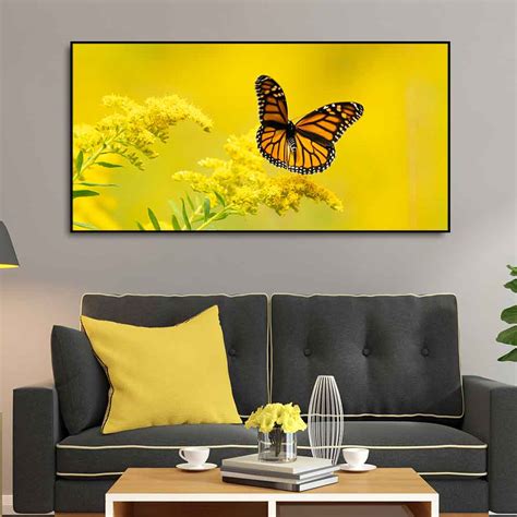 Premium Canvas Wall Painting of Monarch Butterfly on Yellow Flower ...