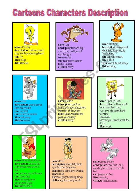 cartoons Characters Description Cards - ESL worksheet by sirenriver ...