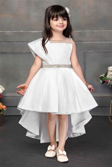 White High Low Satin Partywear Frock With Stone Work For Girls ...