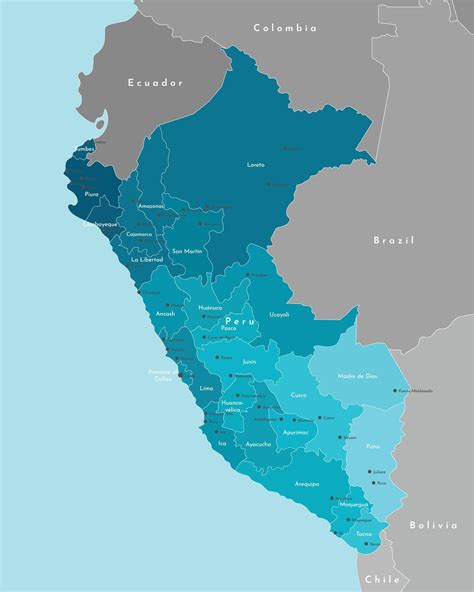 Vector illustration. Simplified administrative map of Peru. Blue ...