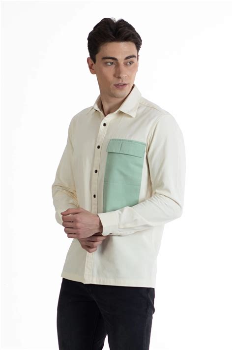 Buy Cream Men's Vertical Pocket Cavalry Twill Shirt- North Republic