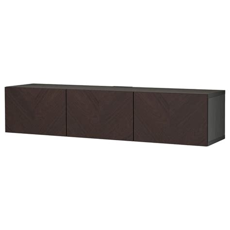 BESTÅ TV bench with doors, black-brown Hedeviken/dark brown oak veneer ...
