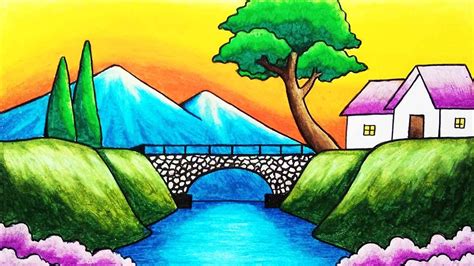How to Draw Easy Scenery of Mountain, Bridge and River Step by Step | Simple Nature Scenery ...