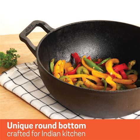 Meyer Pre Seasoned Cast Iron curved Kadai without Lid, 20cm