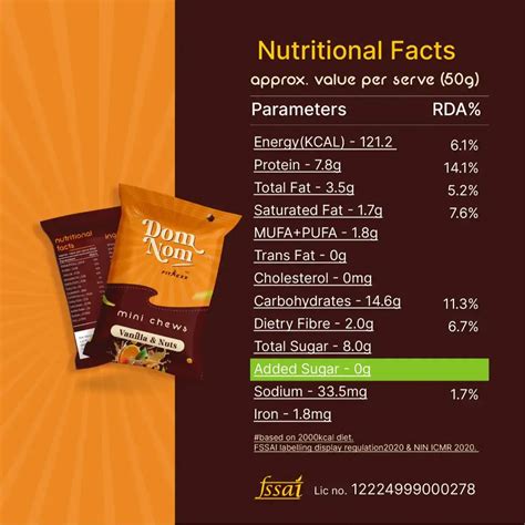 Dom Nom Mini Chews Vanilla & Nuts - Nutritional Facts: 7.8g Protein, 0g ...