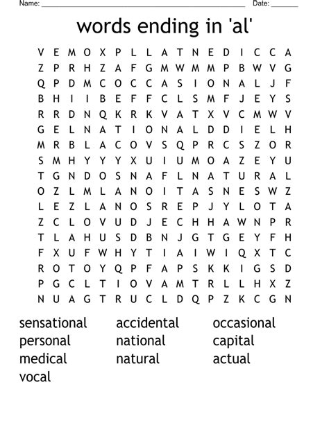 words ending in 'al' Word Search - WordMint