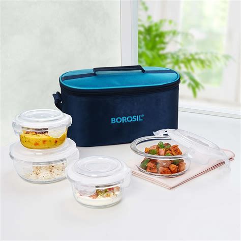Buy Borosil Alfa Blue Fusion Lunchbox | 4pc Round (240ml x 2 + 400ml x ...