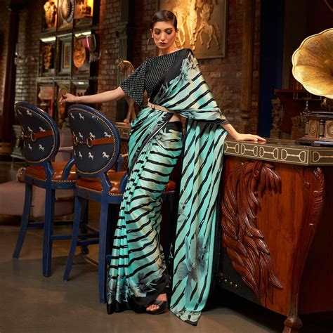 Turquoise Floral Printed Satin Saree
