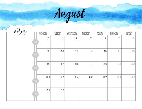August Calendar Template