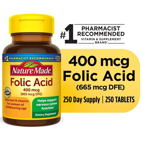 Nature Made Folic Acid 400 mcg (665 mcg DFE) Tablets, Dietary Supplement, 250 Count - Walmart.com