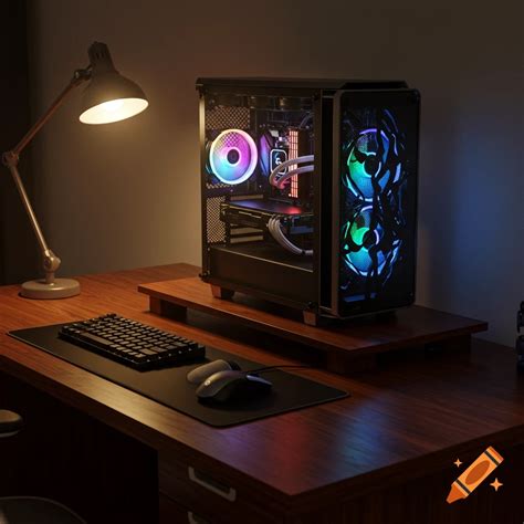 Photorealistic image of a modern PC tower with RGB lighting on a wooden ...
