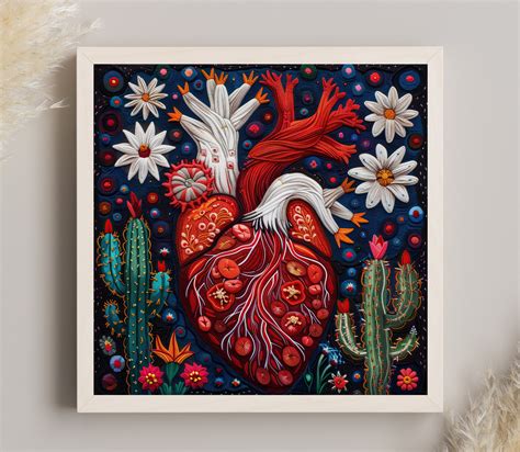 Cactus Flower Heart Huichol Art Mexico Wall Art Mexican Yarn Art ...