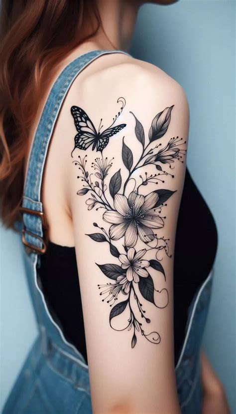 Honeysuckle & Butterfly Tattoo | June Flower Tattoo | Minimal Family ...