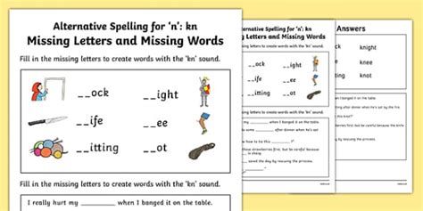 Kn Grapheme Missing Words Phase 5 Alternative Spelling Worksheet ...