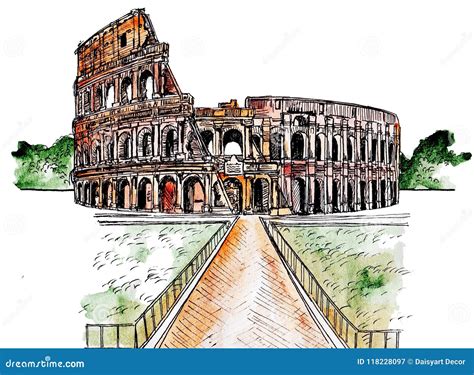 Architecture Sketch. Roman Colosseum. Watercolor Imitating Painted ...