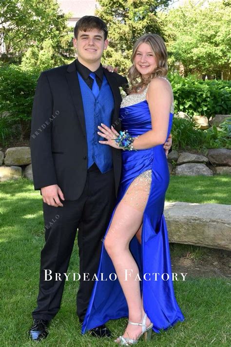 Royal Blue Crystal Straps Pleated Slit Homecoming Dress